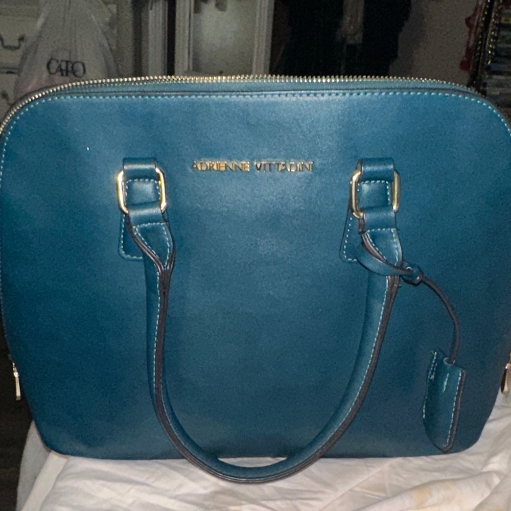 Adrienne Vittadini teal leather satchel gold accents charm and feet like new - Picture 10 of 16